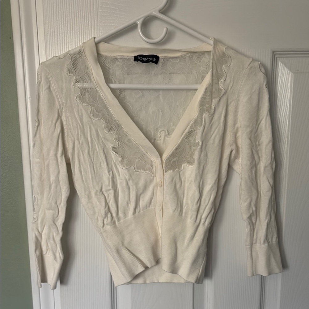 bebe Cream Lace Trim Cardigan